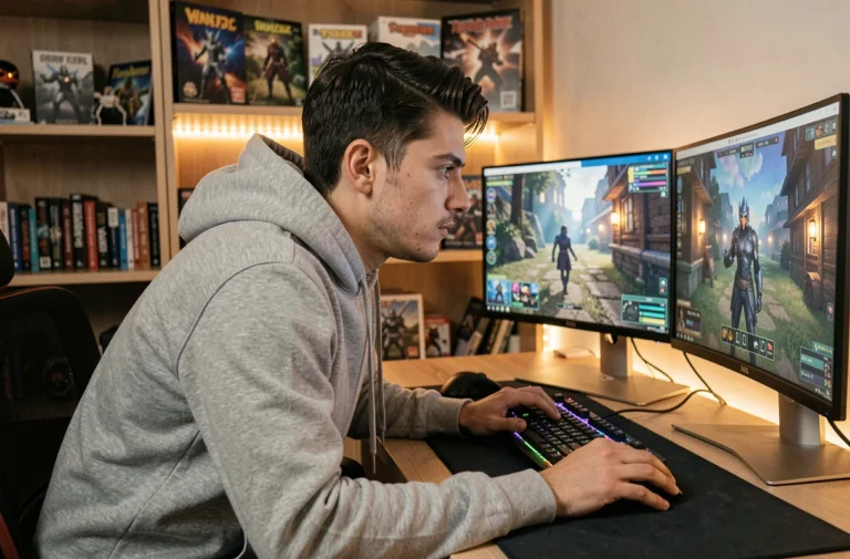 Jeune homme concentré jouant gratuitement à des jeux vidéo en ligne sur un double écran dans un bureau gaming cosy