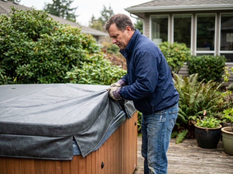 Homme en windbreaker pose une couverture spa robuste dans un jardin