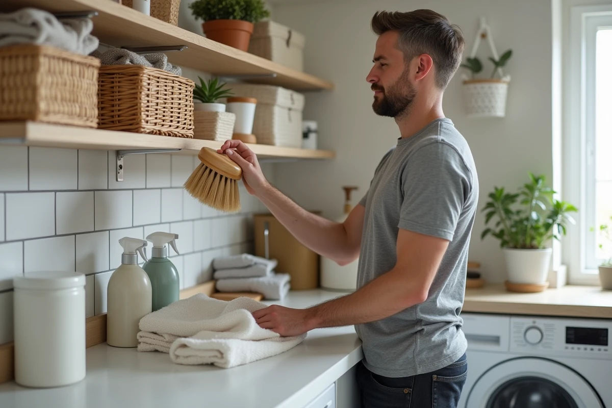 Homme organise accessoires de nettoyage zéro déchet dans la buanderie