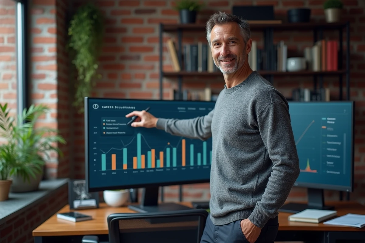 Homme professionnel utilisant un tableau de bord de suivi de carrière dans un bureau à domicile