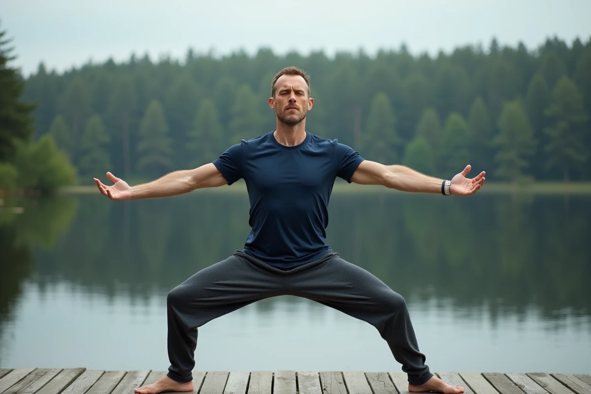 Homme pratiquant le yoga en plein air sur une terrasse en bois face à un lac calme pour le bien-être et la sérénité