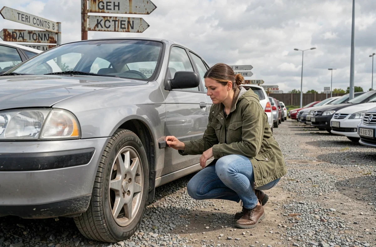 Une femme inspecte attentivement une voiture d'occasion dans un parc d'enchères automobile en extérieur