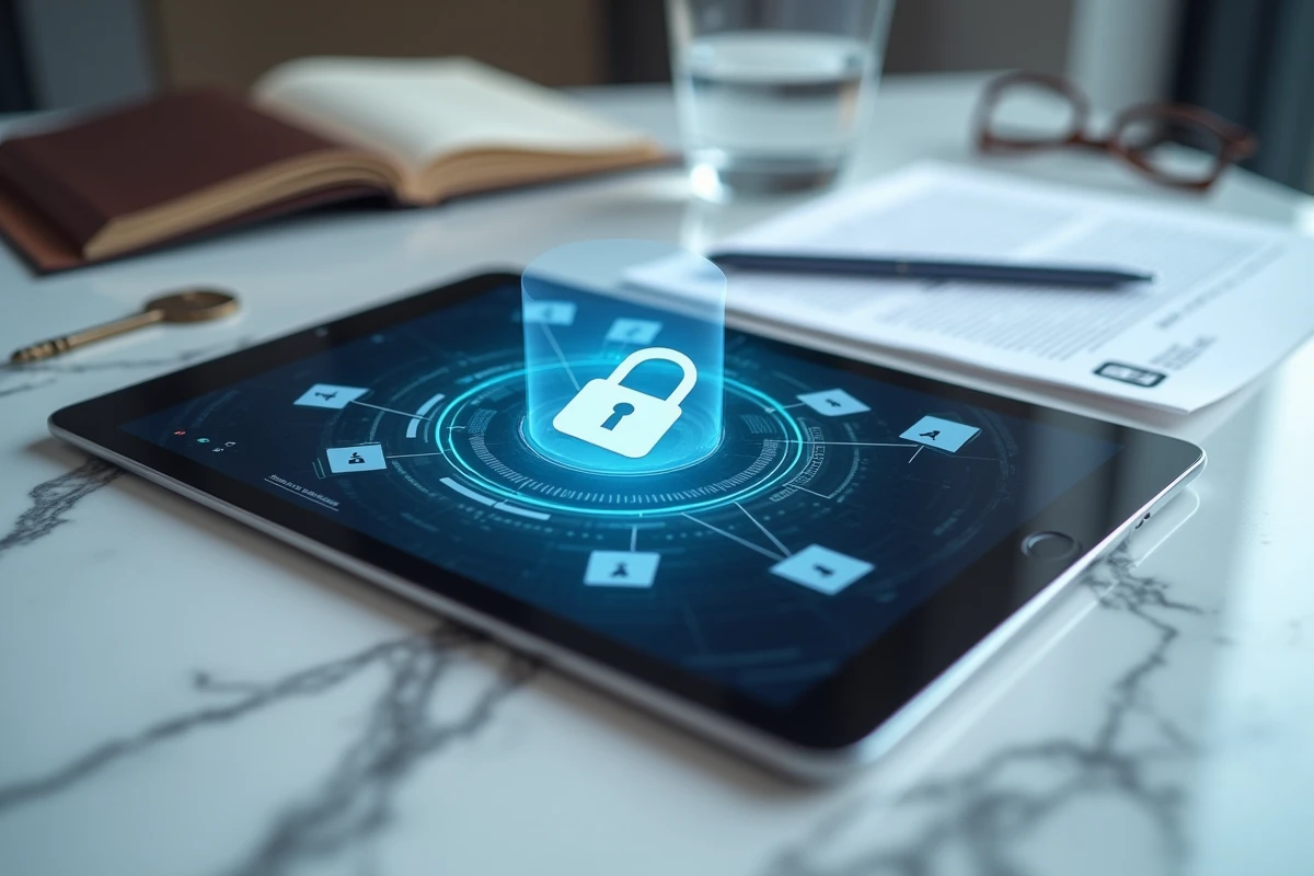 Tablette affichant une interface de coffre-fort numérique sécurisé posée sur une surface en marbre avec clé et documents, concept de stockage numérique sécurisé Arkevia