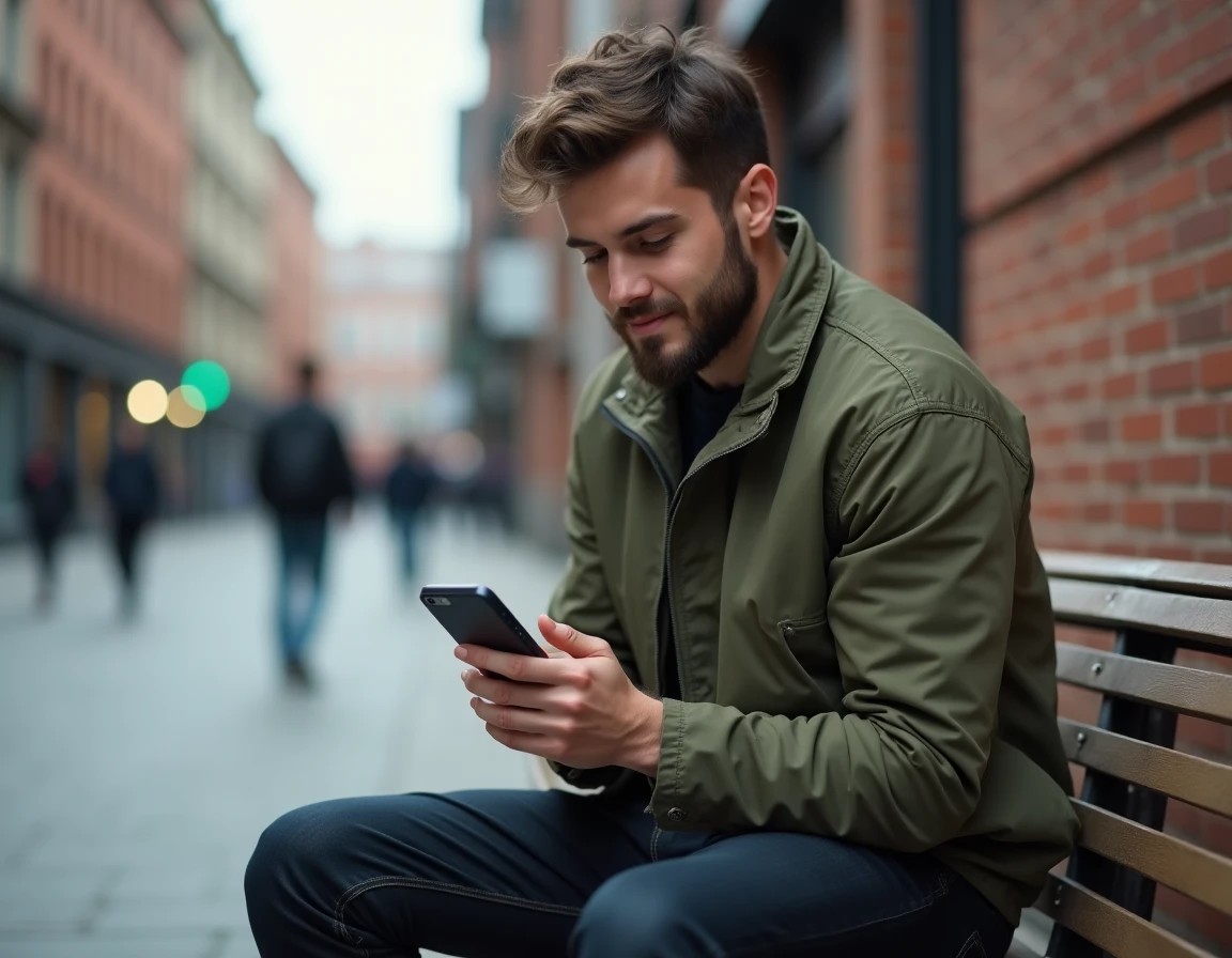 Jeune homme consultant son espace client Free Mobile en extérieur en ville