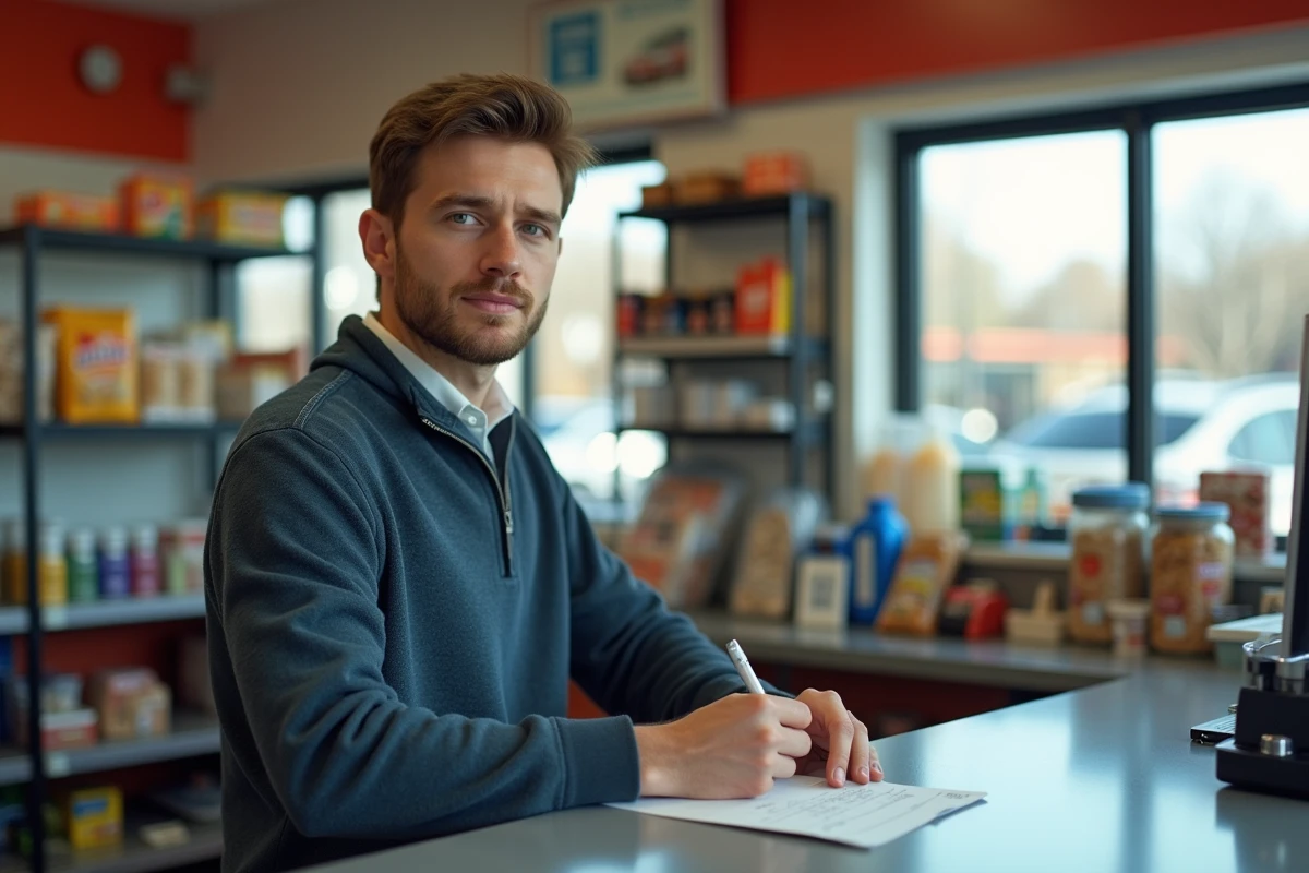 Jeune homme signant un cheque dans une station essence