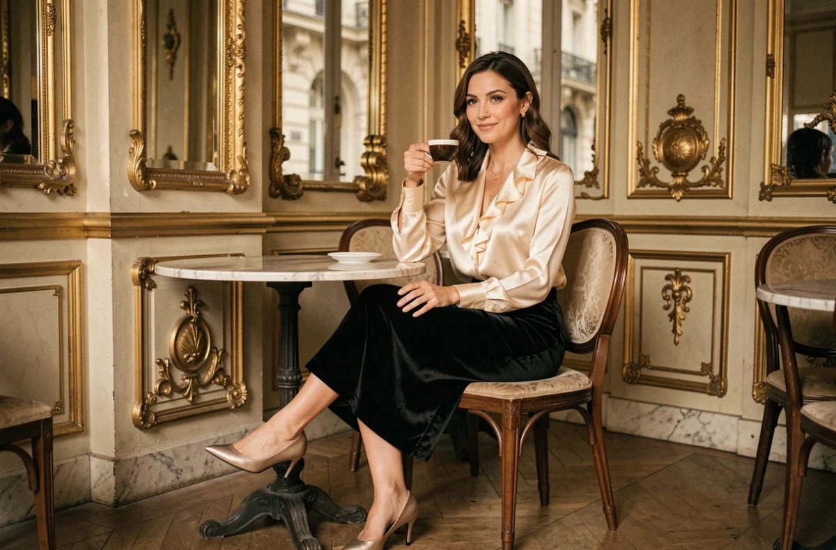Femme chic en jupe velours noir et blouse soie crème dans un café parisien, tendances mode élégante hiver