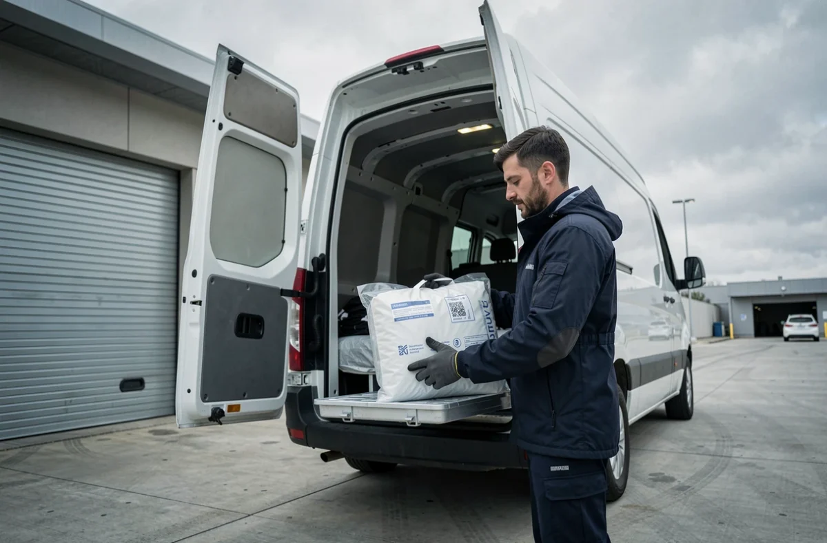 Livreur chargeant une glacière pharmaceutique isotherme dans un véhicule de transport médical