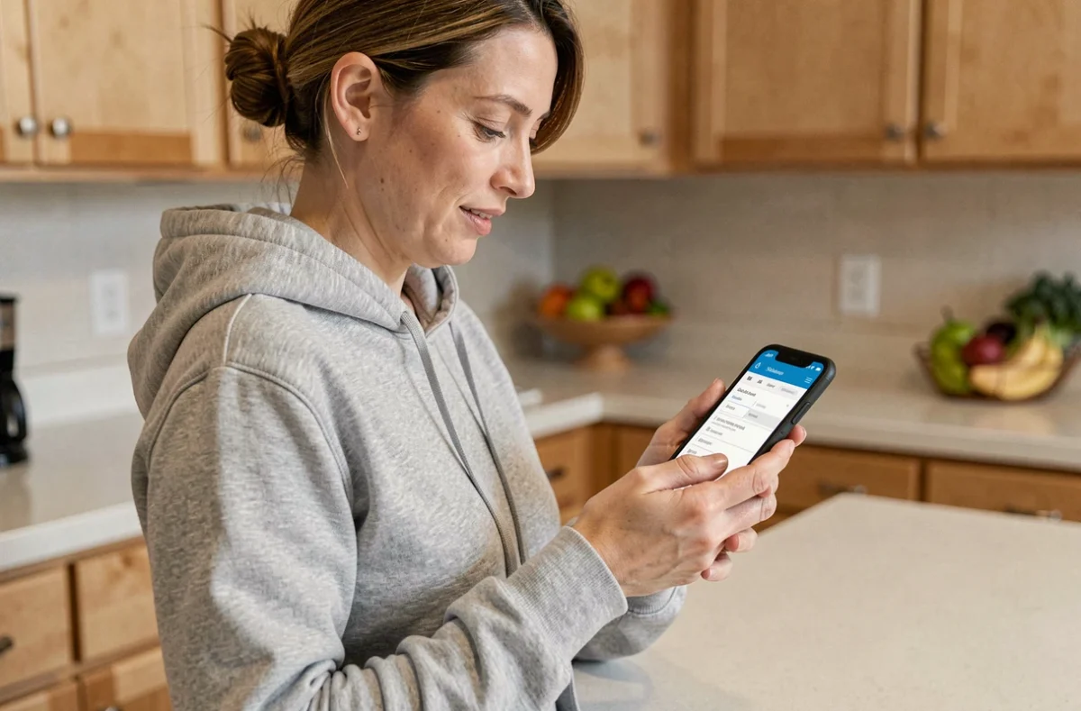 Maman debout dans sa cuisine consultant le plan du site espritmaman sur son smartphone
