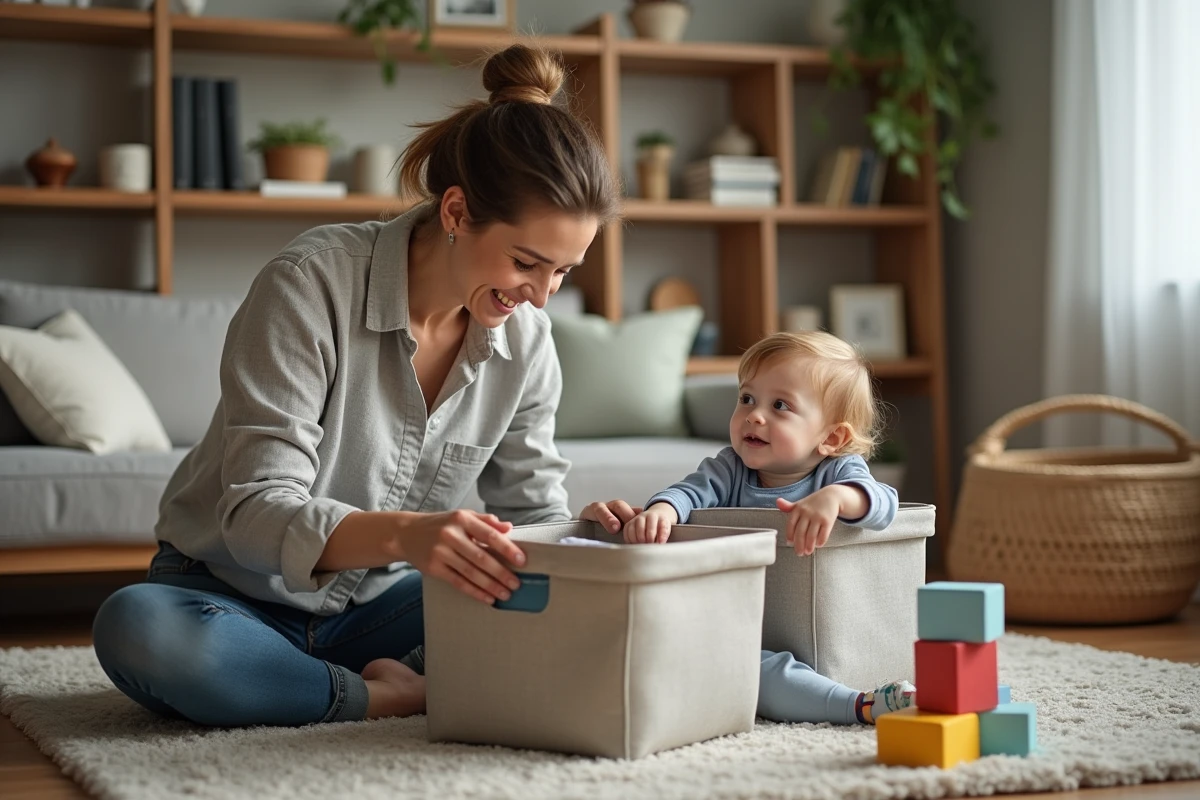 Maman joue avec son enfant dans un salon chaleureux