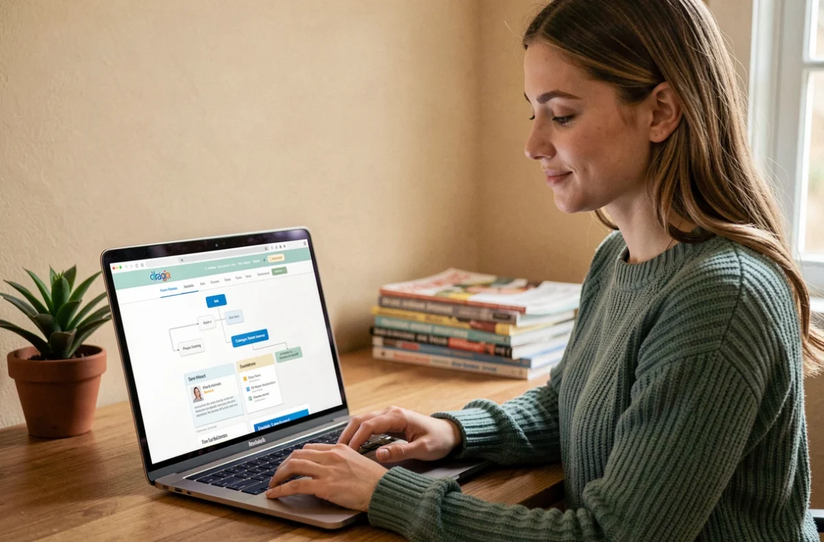 Jeune maman naviguant sur le plan du site espritmaman.com depuis son bureau à domicile