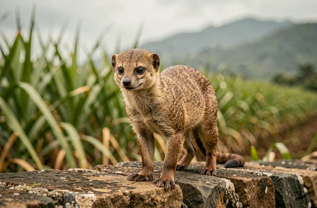 Mangouste sauvage en Guadeloupe sur un muret de pierre près d'un champ de canne à sucre, prédateur naturel historique