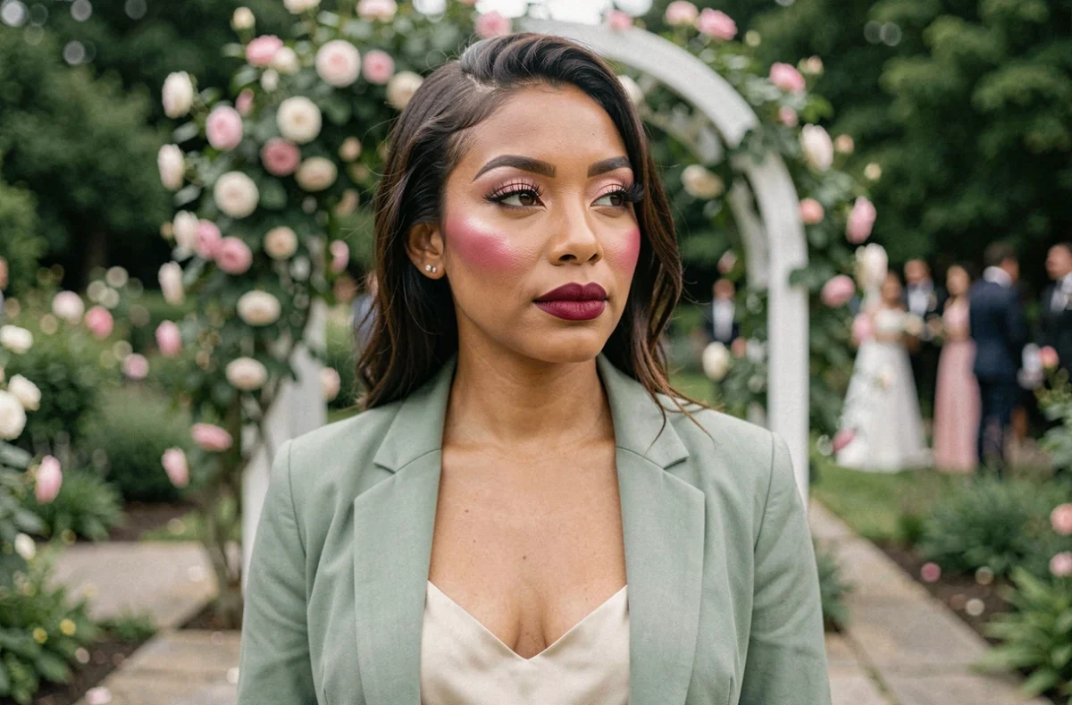 Femme aux tons chauds en veste vert sauge avec un maquillage lèvres baie et pommettes sculptées lors d'une cérémonie de mariage en plein air dans un jardin fleuri