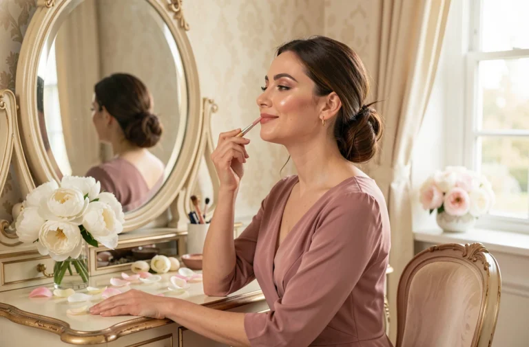 Femme élégante en robe rose poudré appliquant un gloss nude devant un miroir de coiffeuse dans une suite nuptiale décorée de pivoines blanches