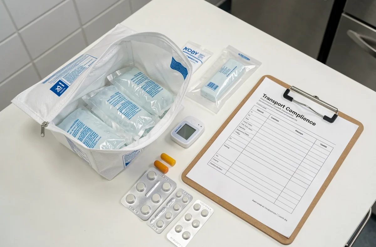 Matériel de transport pharmaceutique sécurisé incluant glacière, capteur de température et médicaments conditionnés
