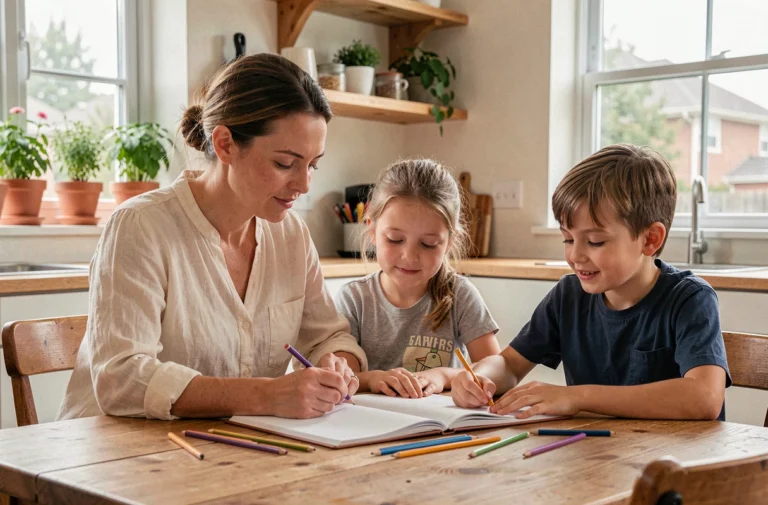 Une mère aidant ses deux enfants à faire leurs devoirs autour d'une table en bois dans une cuisine familiale chaleureuse
