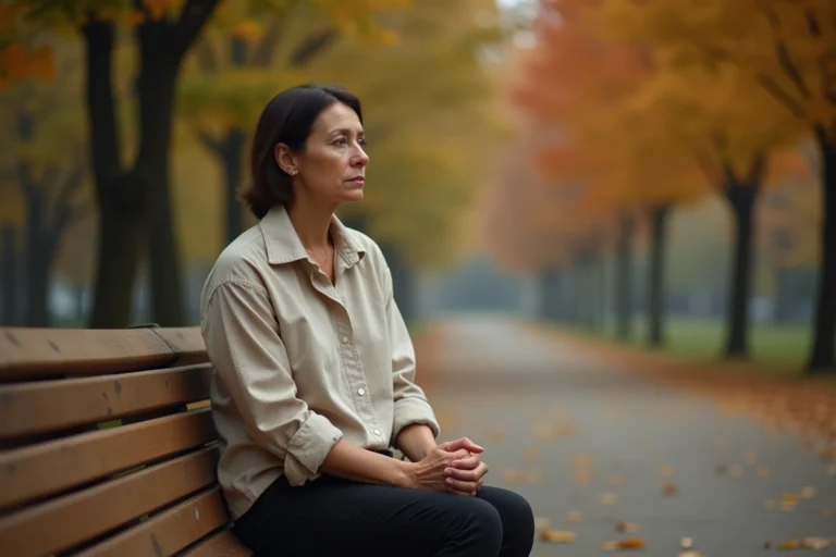 Mère d'une cinquantaine d'années assise seule sur un banc dans un parc en automne, exprimant une tristesse silencieuse face au rejet de sa fille adulte