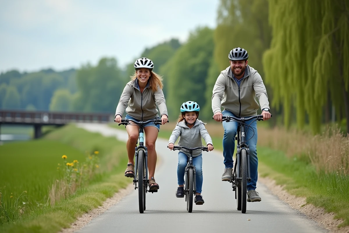 Une famille fait du vélo sur la véloroute le long du Midou à Mont-de-Marsan dans un cadre verdoyant et paisible