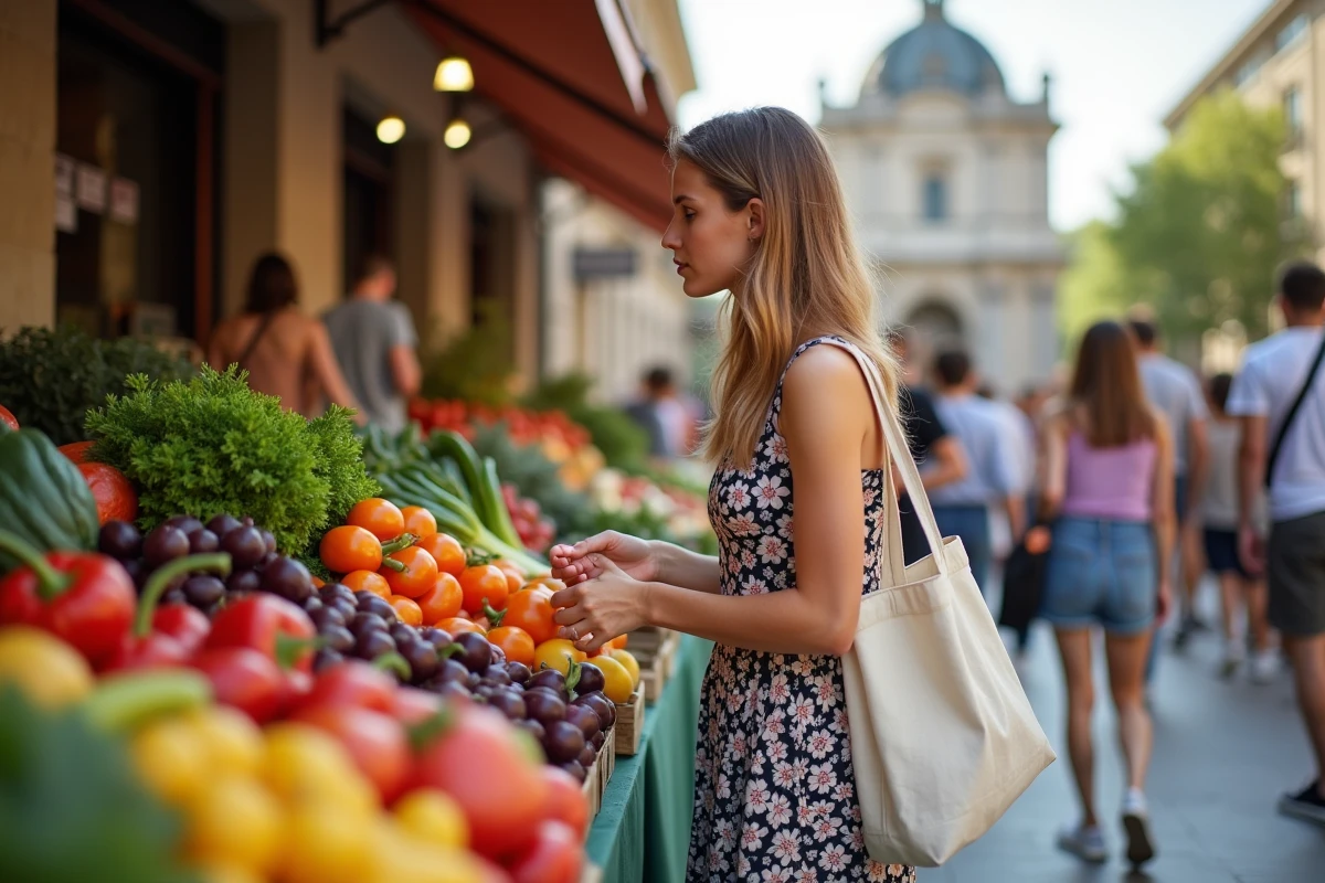 Une jeune femme fait ses courses au marché en plein air de la place de la Comédie à Montpellier avec la fontaine des Trois Grâces en arrière-plan