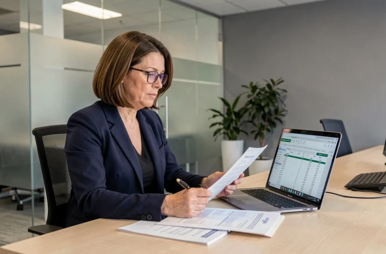 Professionnelle RH analysant des déclarations de cotisations sociales sur ordinateur et documents papier dans un bureau moderne