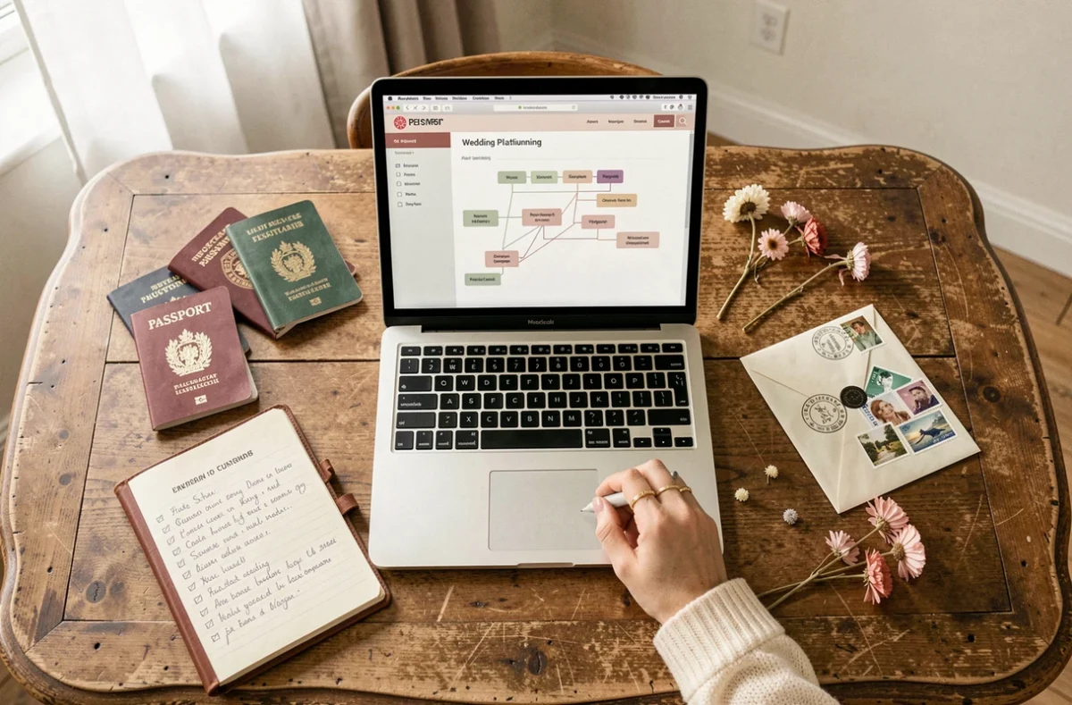 Vue de dessus d'un plan de travail avec ordinateur portable et documents pour organiser un mariage à l'étranger
