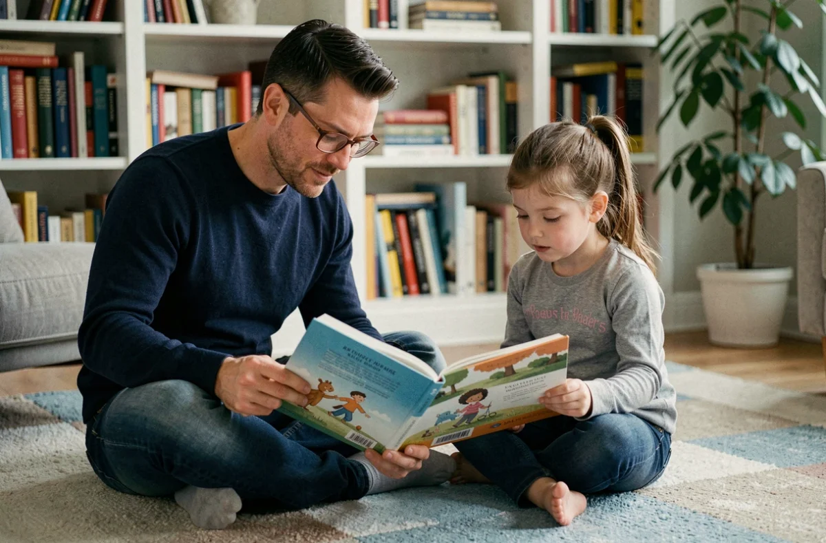 Un père lisant un livre illustré avec sa fille assise sur un tapis dans un salon bibliothèque propice à l'apprentissage