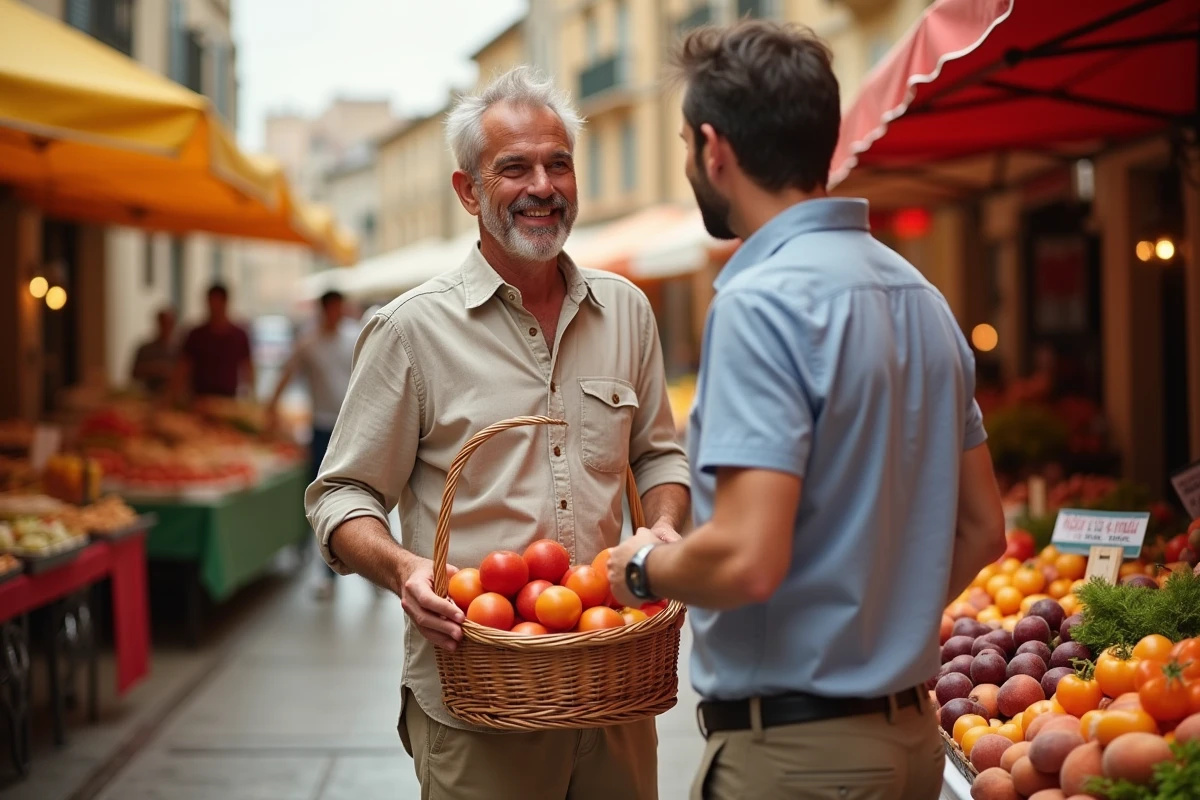 Un homme fait ses courses au marché catalan de Perpignan près du Castillet avec des produits locaux dans un panier en osier