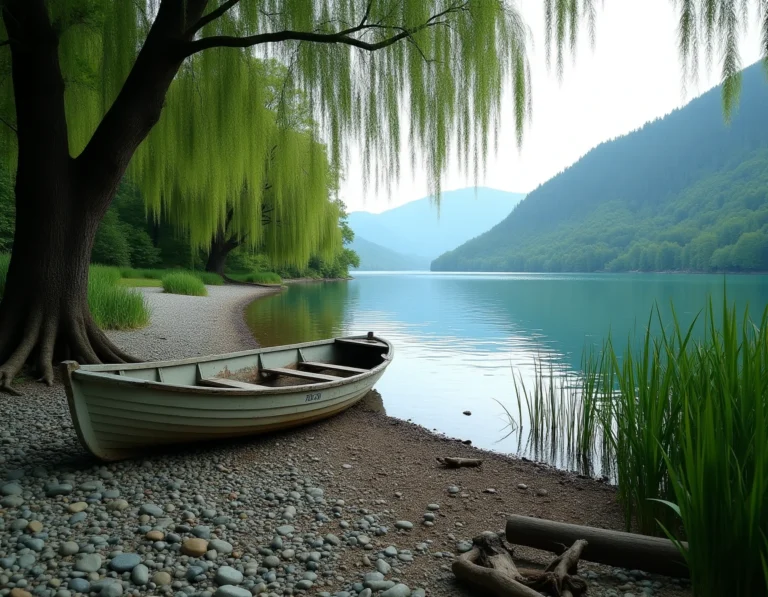 Plage secrète et isolée du lac du Bourget avec un vieux bateau en bois échoué sur les galets, entourée de roseaux et de saules
