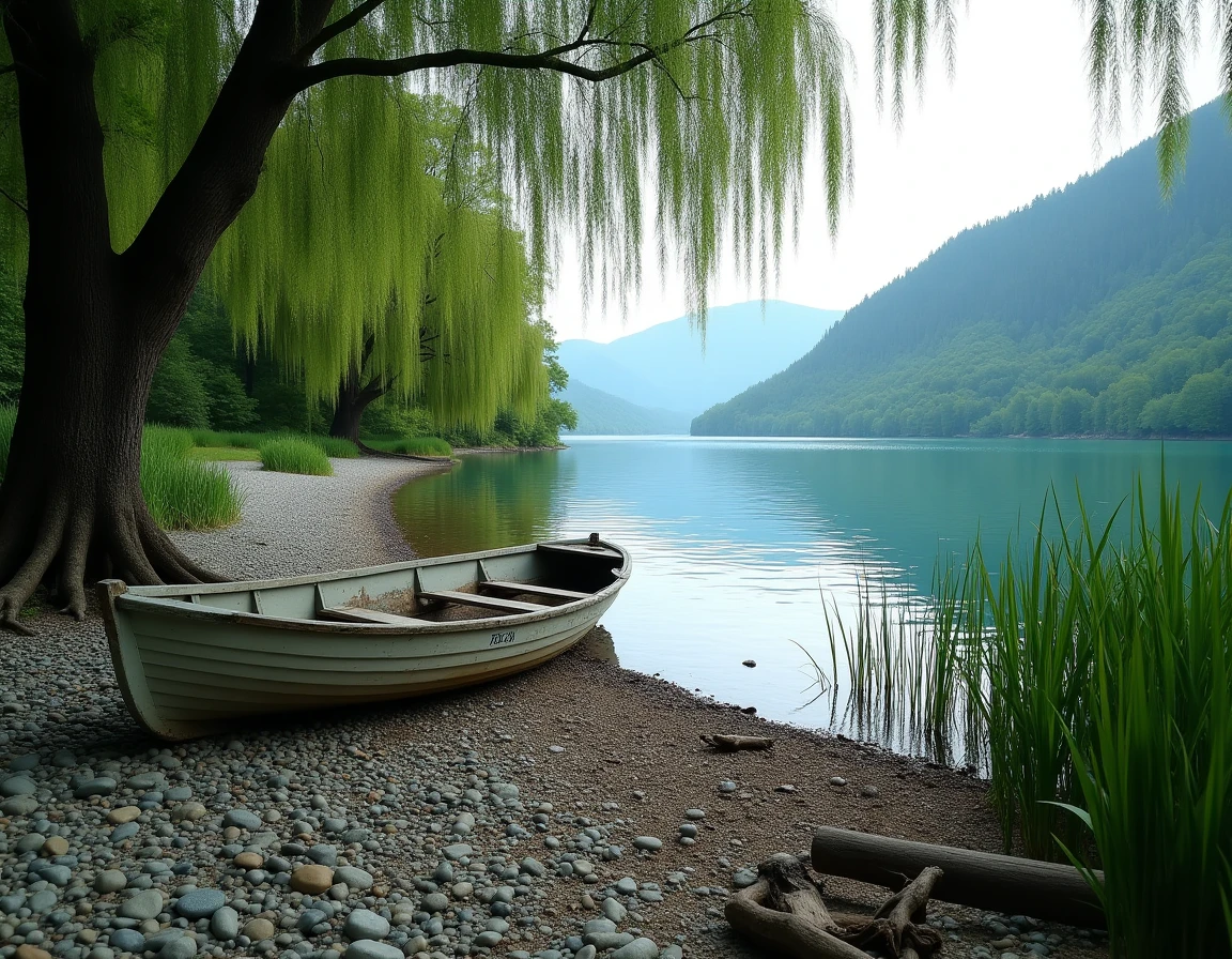 Plage secrète et isolée du lac du Bourget avec un vieux bateau en bois échoué sur les galets, entourée de roseaux et de saules