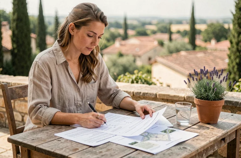 Femme planifiant son mariage à l'étranger avec un sitemap posé sur une table en pierre en Provence