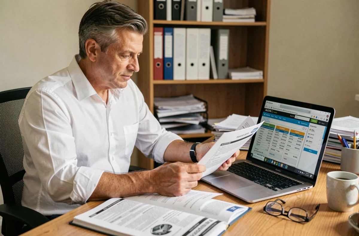 Un homme prépare une stratégie d'achat en consultant un catalogue et un rapport de véhicule avant une vente aux enchères