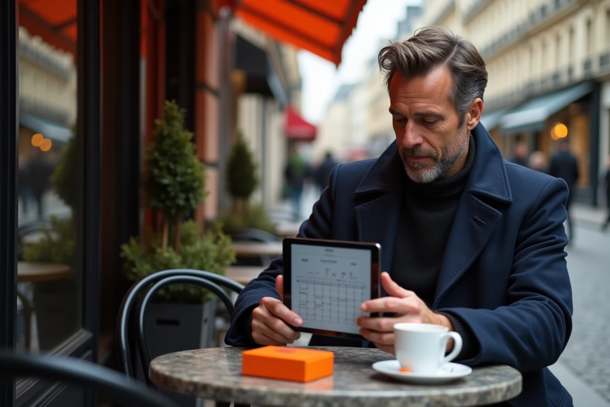 Homme consultant un calendrier de promotions Hermès sur tablette dans un café parisien