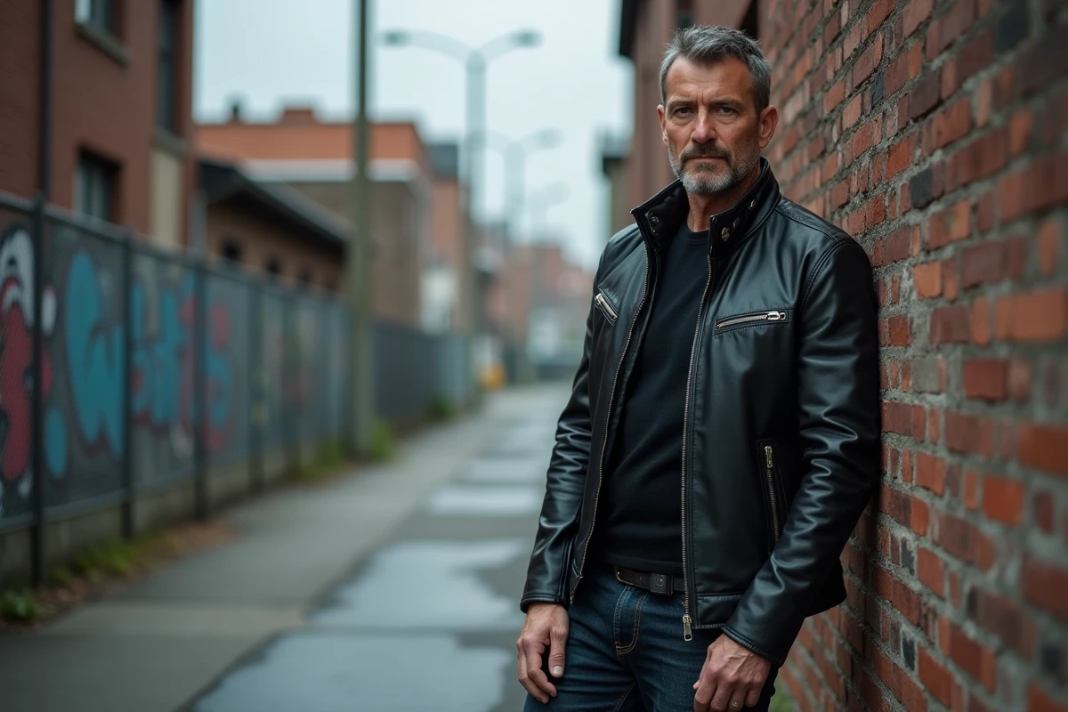 Homme en veste en cuir noir dans une ruelle urbaine, regard énigmatique, évoquant le personnage de Rio et sa relation complexe dans Good Girls