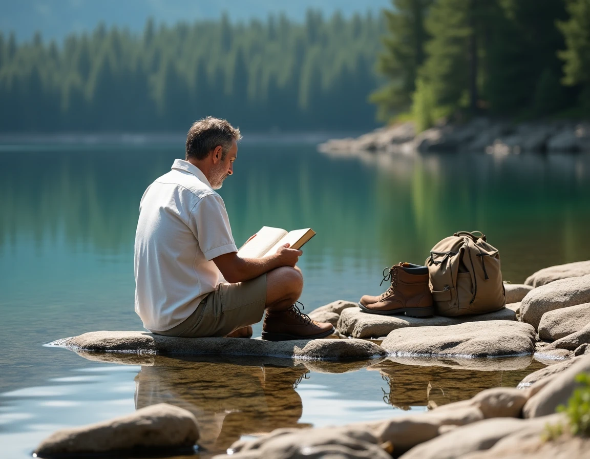 Homme assis sur des rochers plats au bord d'une rive sauvage et méconnue du lac du Bourget lisant un livre