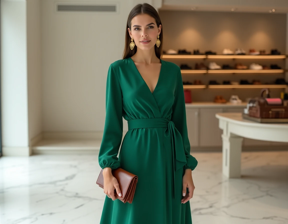 Femme en robe midi vert émeraude dans une boutique minimaliste, tendances mode glamour accessoires dorés