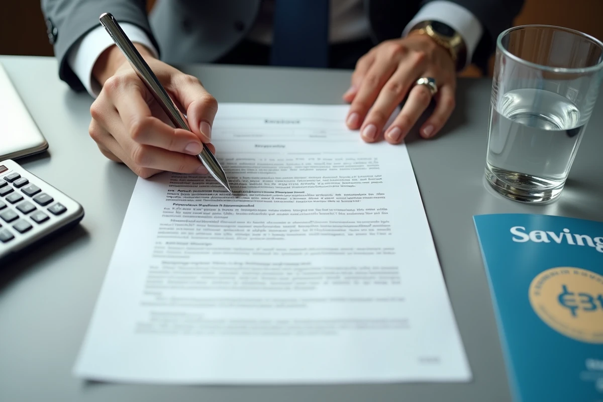 Signature d'un contrat de compte à terme avec documents bancaires et calculatrice sur bureau