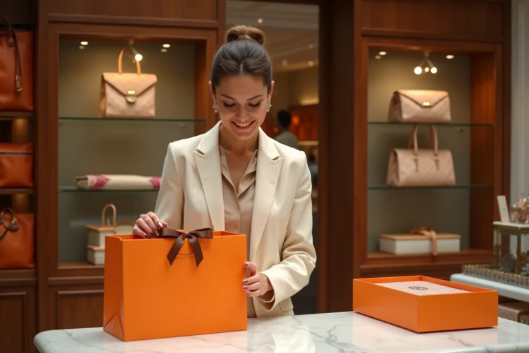 Femme élégante tenant un sac Hermès orange dans une boutique de luxe parisienne lors des soldes