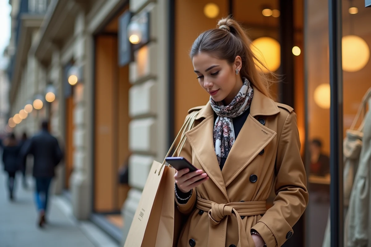 Femme portant un foulard Hermès devant une boutique de luxe parisienne pendant les soldes 2026