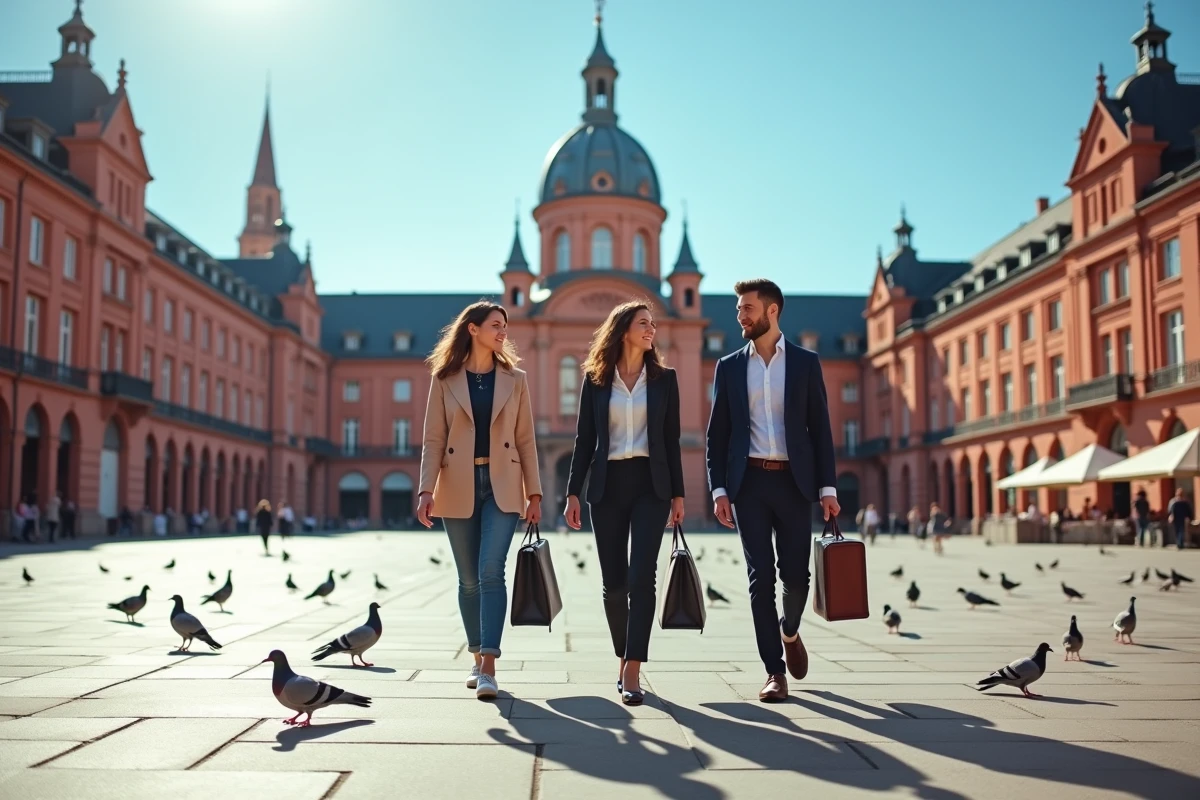 Trois jeunes professionnels traversent la place du Capitole à Toulouse avec la façade en briques roses de la mairie en arrière-plan