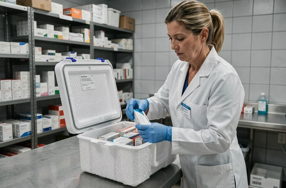 Pharmacienne emballant des médicaments dans un conteneur isotherme rigide pour un transport sécurisé